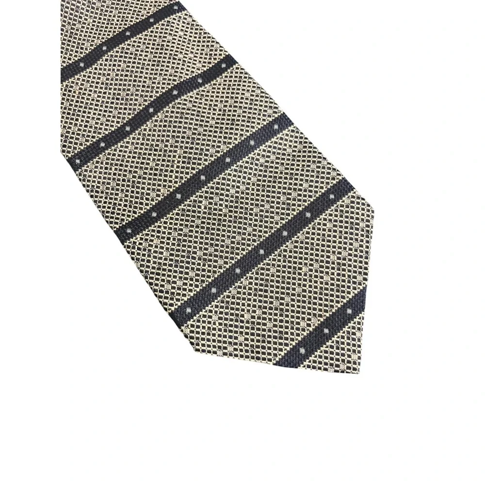 Balenciaga Paris Mens Silk Tie Tan Black Geometric Striped Woven Necktie Italy